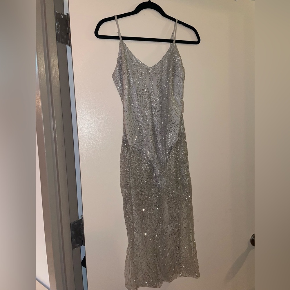 SOLD- Silver Sparkling Glitter Embellished Organza Cami Dress with Body Suit